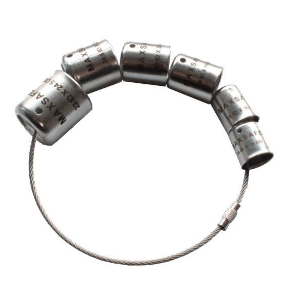 Ferrule keychain containing one of each size of ferrule stocked, showcasing the variety of sizes available